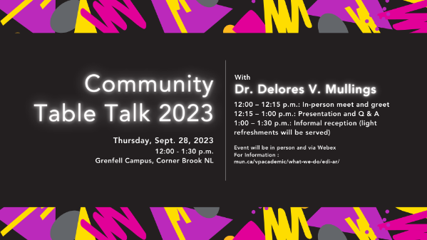 An image with pink, purple and yellow geometric shapes on a black background. Large white text in the image's centre reads 'Community Table Talk 2023' and smaller text indicates the talk will be held on Sept. 28 from 12-1:30 p.m. on the Grenfell Campus in Corner Brook. Dr. Delores V. Mullings will attend the hybrid event, and the schedule includes an in-person meet and greet, a presentation and Q&
